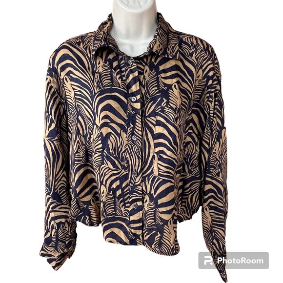 Banana Republic Heritage Expedition Zebra Print Button Down Top Linen Womens S - Picture 1 of 10